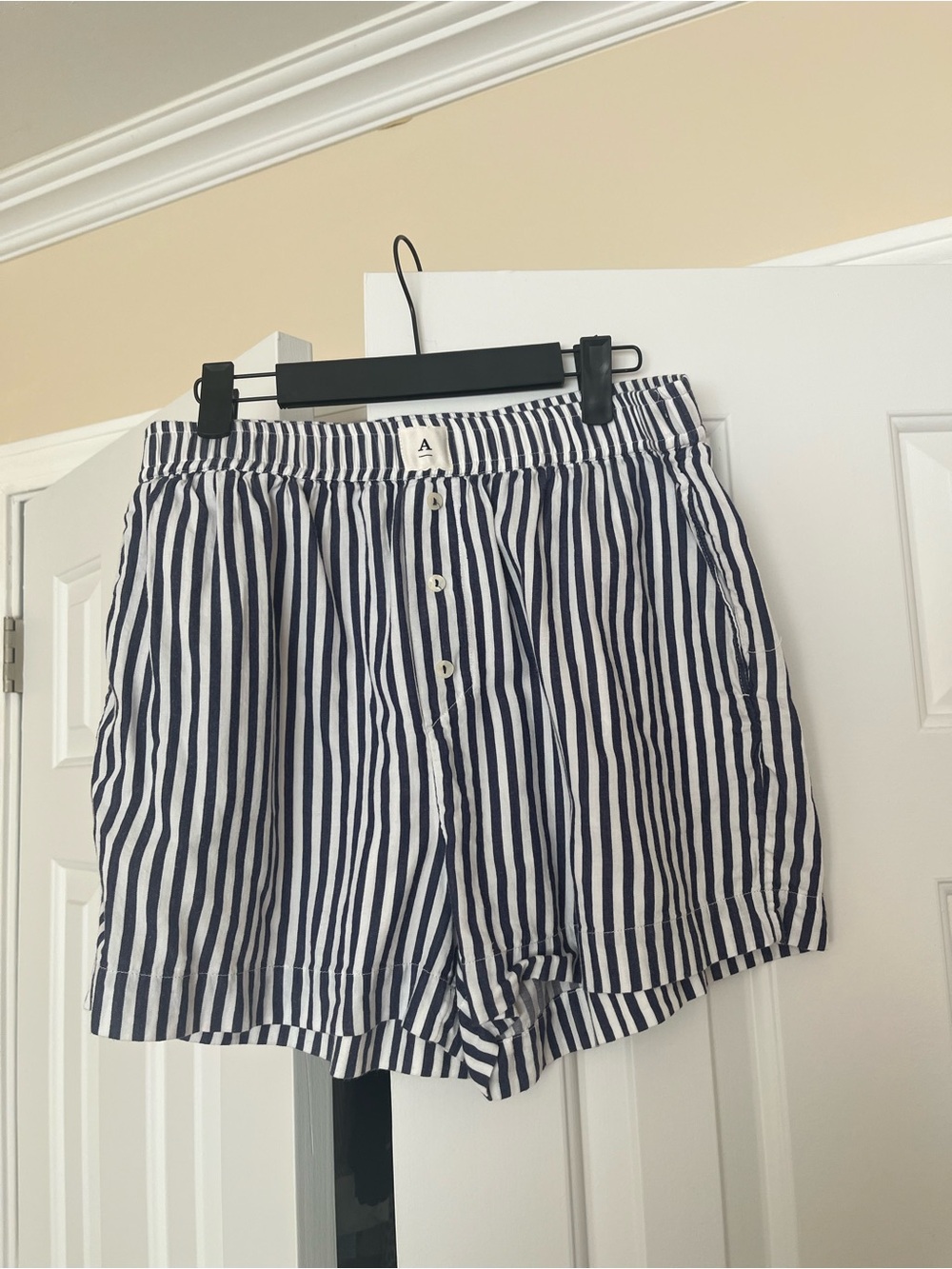 Anthropologie Navy and White Vertical Stripe Elastic Waist Shorts